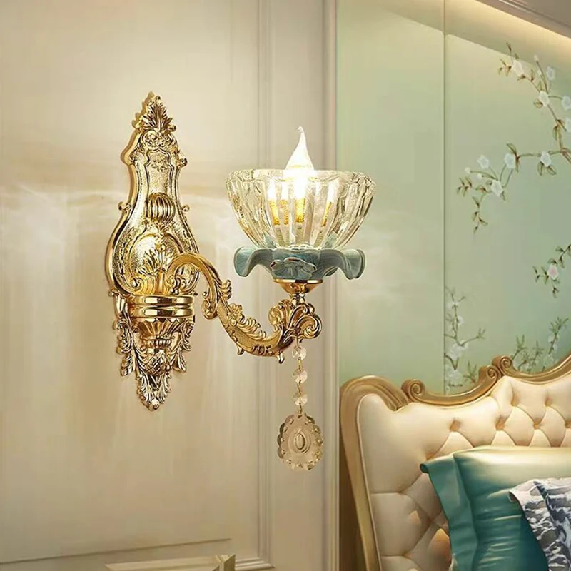 Bloemenglazen wandverlichtingsarmatuur Traditionele 2-lichts gangwandlamp goud Clearhalo