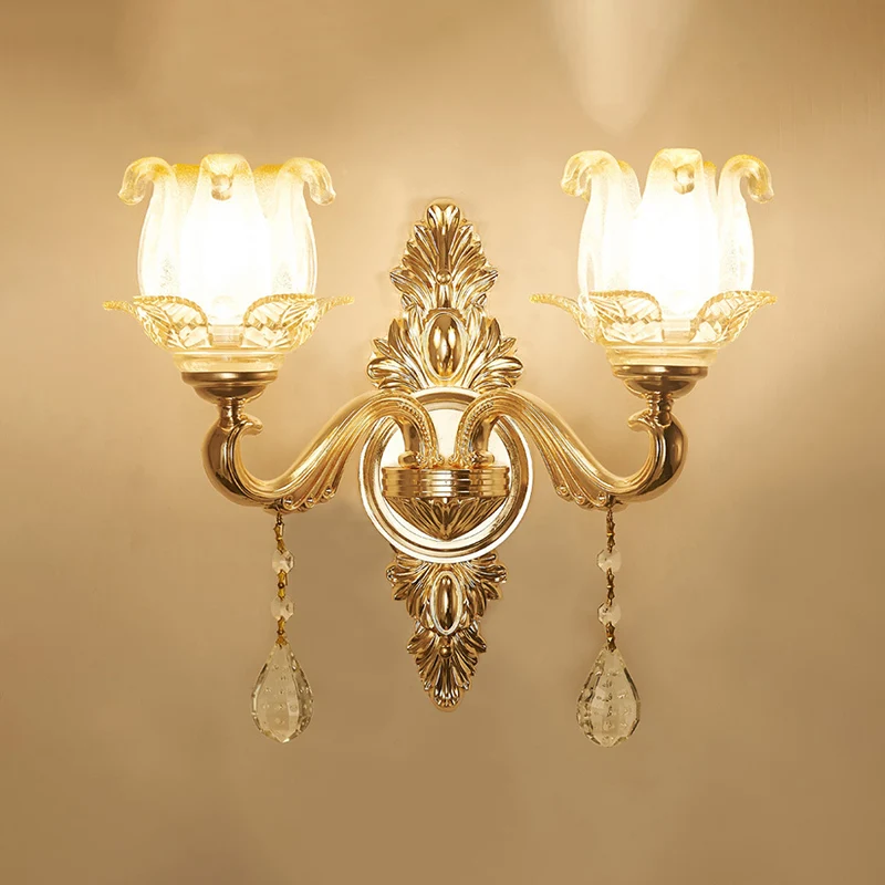 Bloemenwandlamp retrostijl, glazen wandlamp met kristallen drapering goud Clearhalo