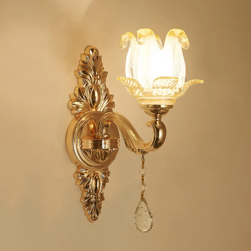 Bloemenwandlamp retrostijl, glazen wandlamp met kristallen drapering goud Clearhalo