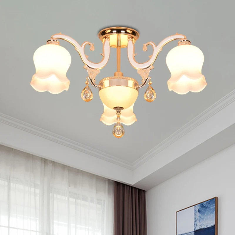 Bloom Eetkamerplafondlamp Eenvoud Crème Glas 4 Koppen Goud Kristal Semi Flush Clearhalo