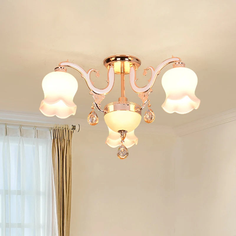 Bloom Eetkamerplafondlamp Eenvoud Crème Glas 4 Koppen Goud Kristal Semi Flush Clearhalo