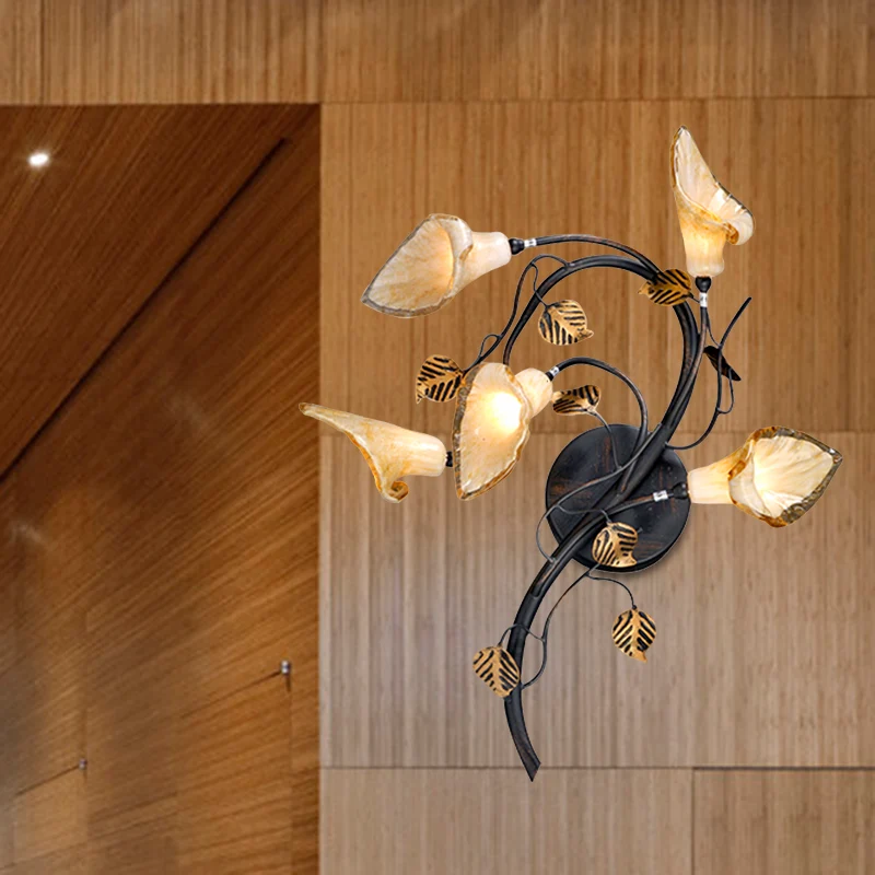 Blossom Living Room Sconce Light American Garden Metal 5 Heads Zwarte muurverlichtingsarmatuur Clearhalo