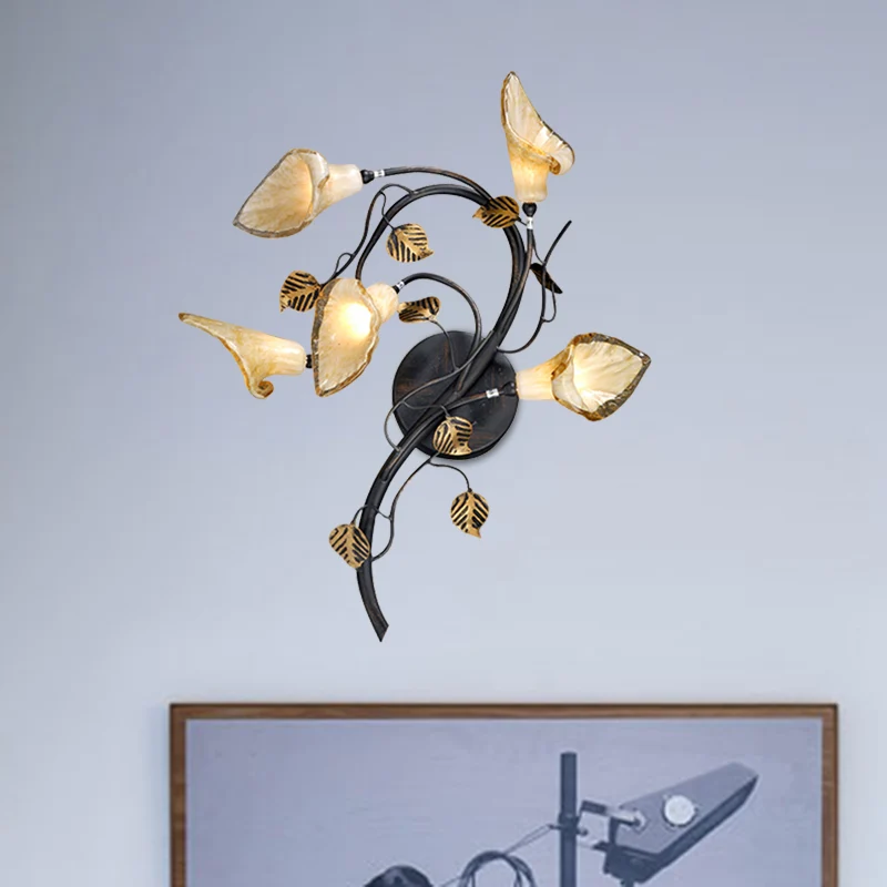 Blossom Living Room Sconce Light American Garden Metal 5 Heads Zwarte muurverlichtingsarmatuur Clearhalo