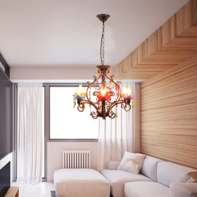 Bohemen kaarshangende kroonluchterlamp met kristallen kralensnoer 6-lichts hanglamp koper Clearhalo