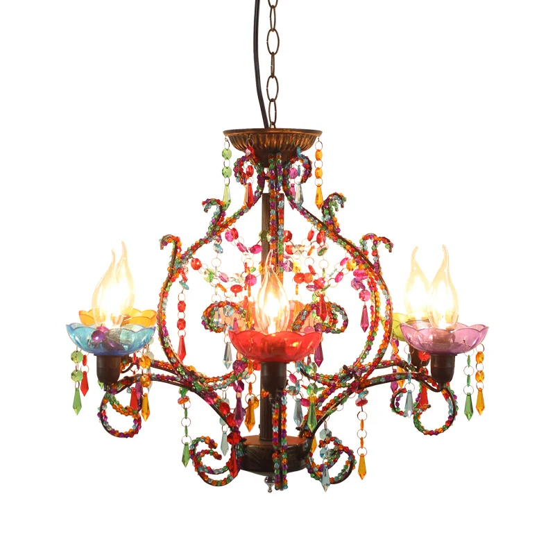 Bohemen kaarshangende kroonluchterlamp met kristallen kralensnoer 6-lichts hanglamp koper Clearhalo