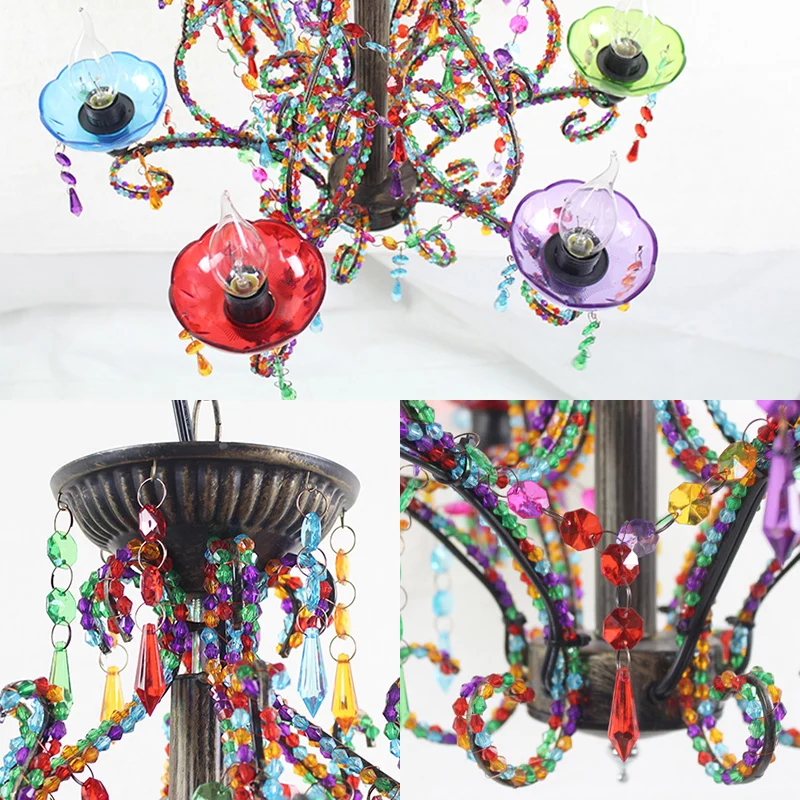 Bohemen kaarshangende kroonluchterlamp met kristallen kralensnoer 6-lichts hanglamp koper Clearhalo