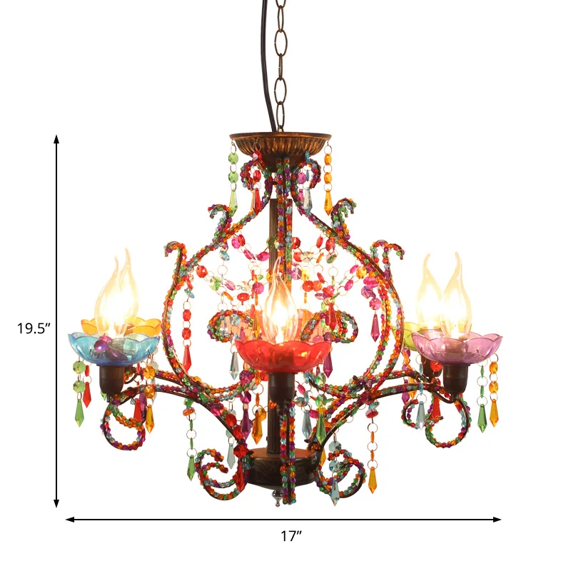 Bohemen kaarshangende kroonluchterlamp met kristallen kralensnoer 6-lichts hanglamp koper Clearhalo