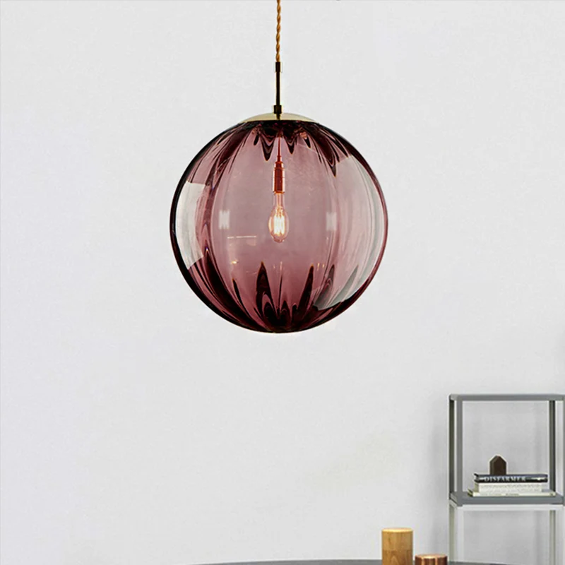 Bol hanglamp modern blauw/paars/rokerig geribbeld glas 1 licht led hangende plafondlamp voor slaapkamer Clearhalo