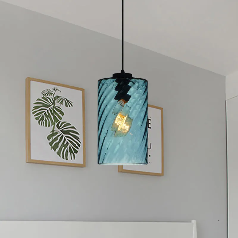 Bol/koepel/cilindrische ophanging hanglamp modernistisch blauw rooster glas 1 licht zwart plafond opgehangen licht Clearhalo
