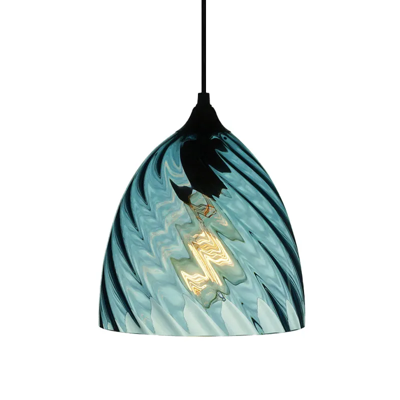 Bol/koepel/cilindrische ophanging hanglamp modernistisch blauw rooster glas 1 licht zwart plafond opgehangen licht Clearhalo