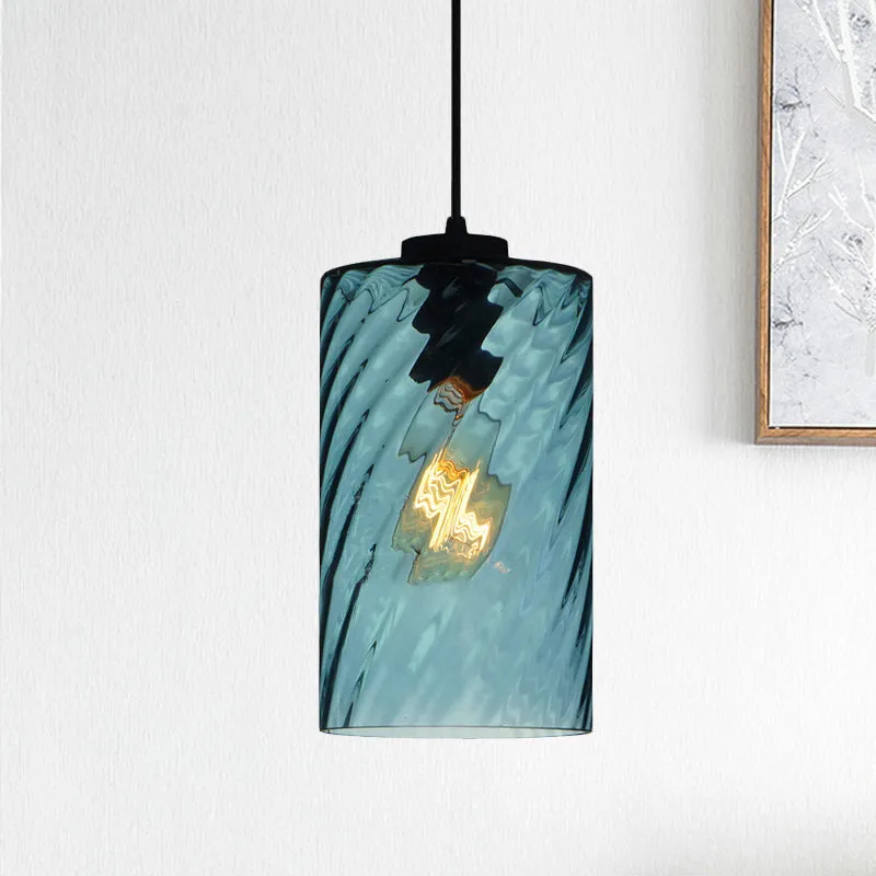 Bol/koepel/cilindrische ophanging hanglamp modernistisch blauw rooster glas 1 licht zwart plafond opgehangen licht Clearhalo