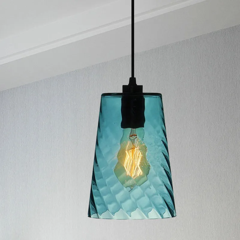 Bol/koepel/cilindrische ophanging hanglamp modernistisch blauw rooster glas 1 licht zwart plafond opgehangen licht Clearhalo