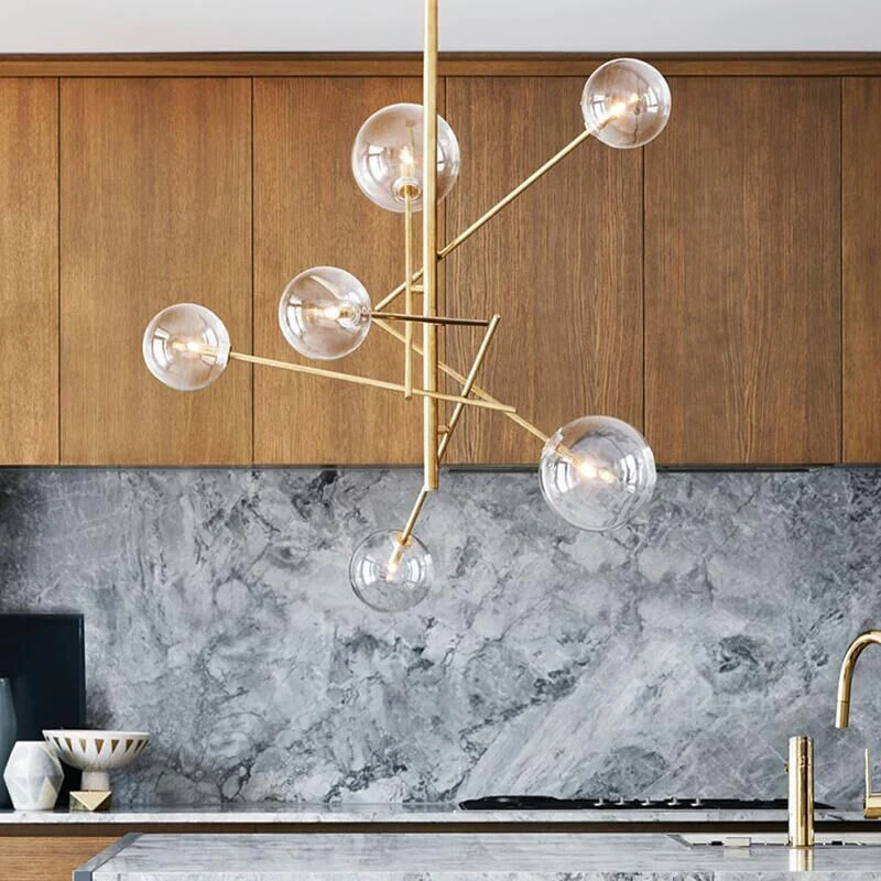 Bolvormige keukenbar plafondkroonluchter helder glas postmoderne hanglamp met 6 lampen goud Clearhalo