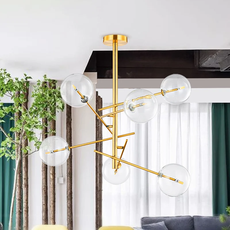 Bolvormige keukenbar plafondkroonluchter helder glas postmoderne hanglamp met 6 lampen goud Clearhalo