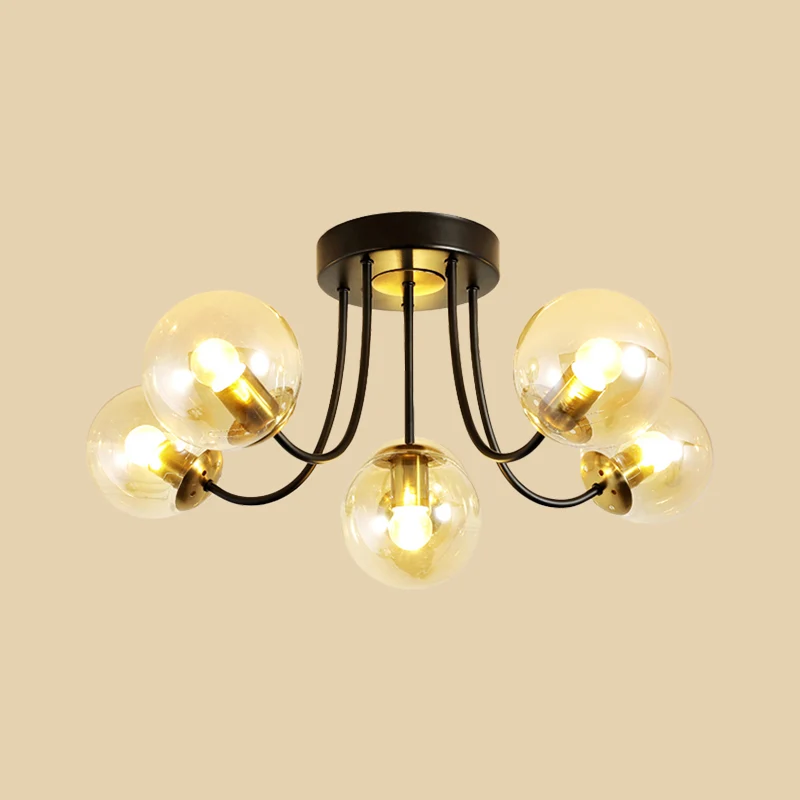 Bolvormige semi-inbouw plafondlamp Post Modern wit mat/amber glas 5 lampen Slaapkamer inbouwlamp Clearhalo