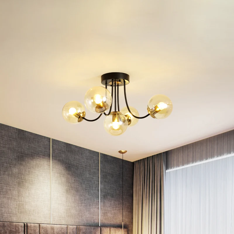 Bolvormige semi-inbouw plafondlamp Post Modern wit mat/amber glas 5 lampen Slaapkamer inbouwlamp Clearhalo