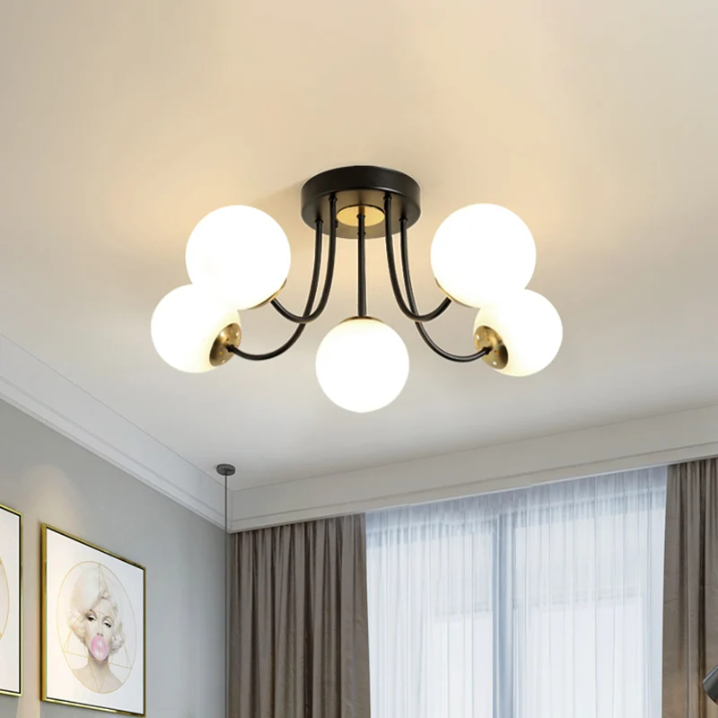 Bolvormige semi-inbouw plafondlamp Post Modern wit mat/amber glas 5 lampen Slaapkamer inbouwlamp Clearhalo