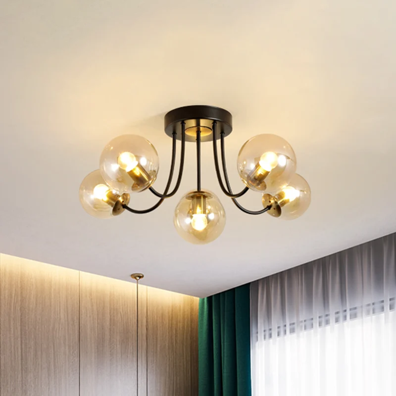 Bolvormige semi-inbouw plafondlamp Post Modern wit mat/amber glas 5 lampen Slaapkamer inbouwlamp Clearhalo