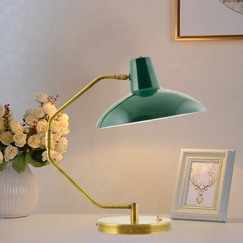 Bow-bureaulamp met één lamp, retro messing ijzeren leeslamp met groen/witte brede komschaduw Clearhalo