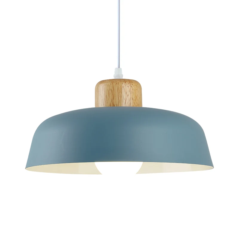 Bowl Shade Restaurant Hanglamp Metaal 1 Lamp Macaron Hanglamp Roze/Blauw/Geel met Houten Knop Clearhalo