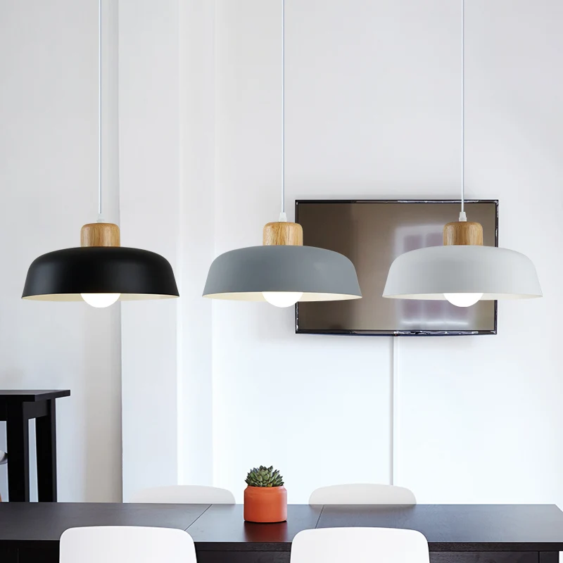 Bowl Shade Restaurant Hanglamp Metaal 1 Lamp Macaron Hanglamp Roze/Blauw/Geel met Houten Knop Clearhalo