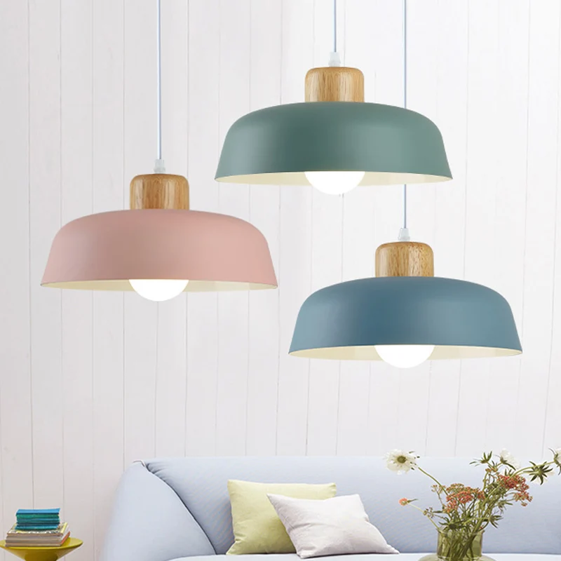 Bowl Shade Restaurant Hanglamp Metaal 1 Lamp Macaron Hanglamp Roze/Blauw/Geel met Houten Knop Clearhalo