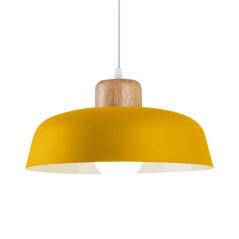 Bowl Shade Restaurant Hanglamp Metaal 1 Lamp Macaron Hanglamp Roze/Blauw/Geel met Houten Knop Clearhalo