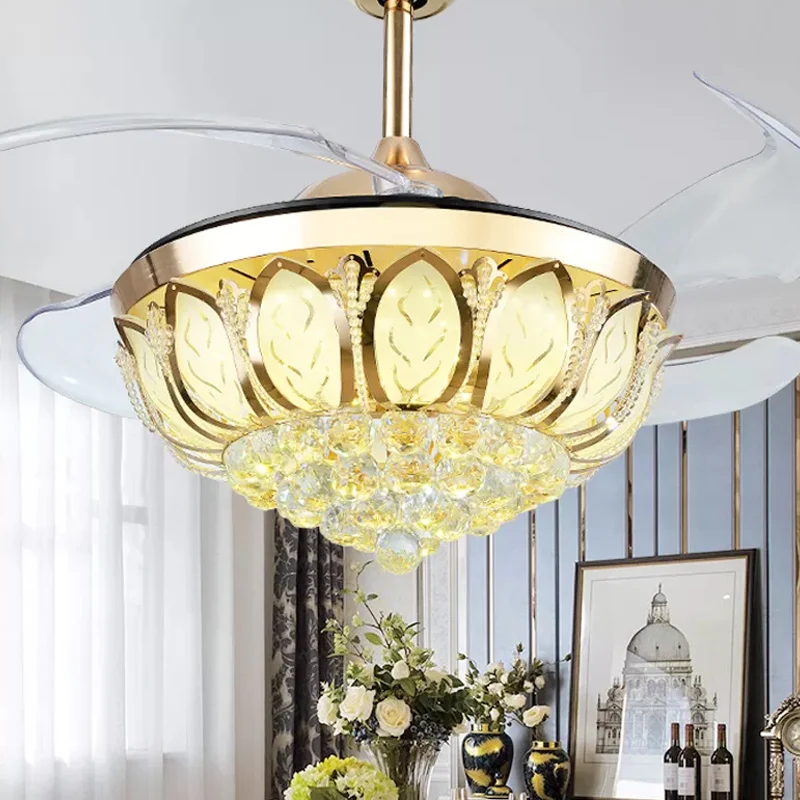 16" brede bloem semi-inbouw eenvoudige kristallen bol eetkamer LED hangende ventilatorlamp met 4 bladen Clearhalo
