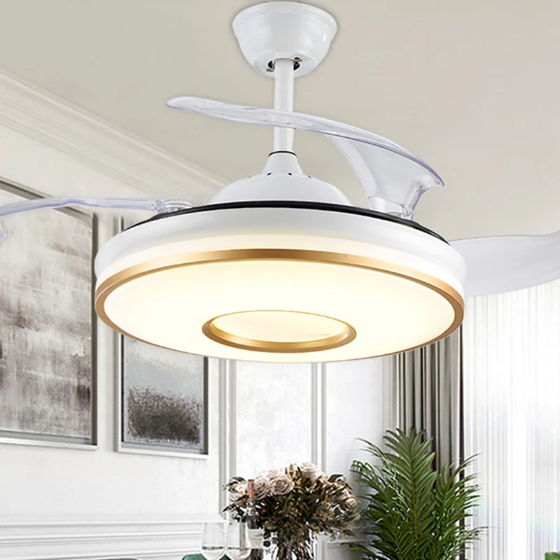 19" brede cirkel hangende ventilatorlamp minimale acryl eetkamer LED semi-inbouwverlichting wit met 4 bladen Clearhalo