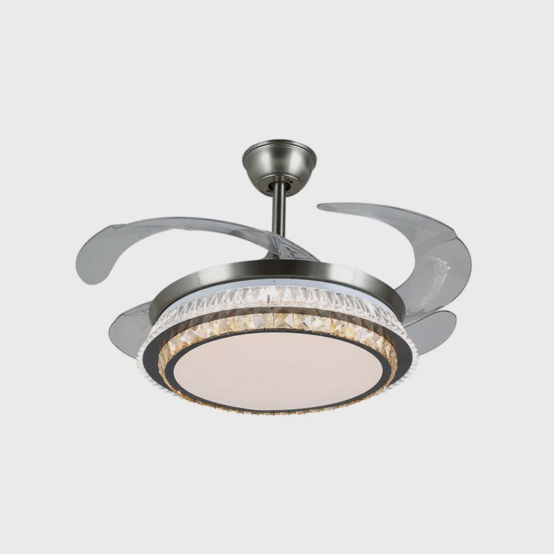 19" brede LED semi-inbouw hedendaagse ronde heldere kristallen blokken 4 bladen hangende ventilatorlamp roestvrij staal me...