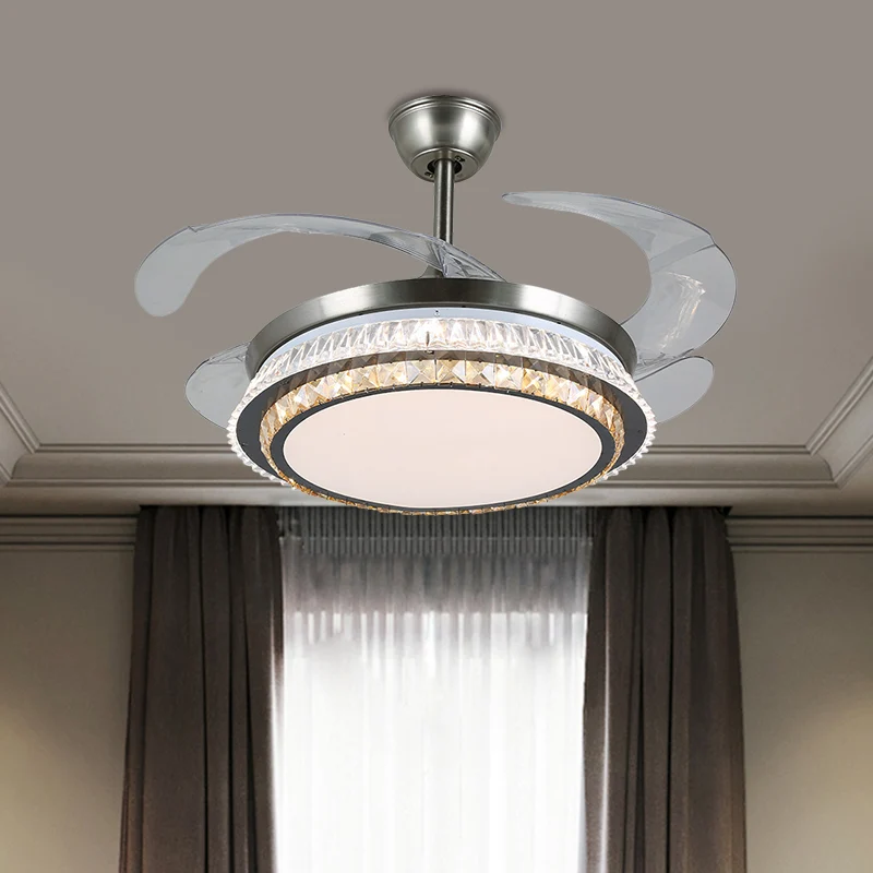 19" brede LED semi-inbouw hedendaagse ronde heldere kristallen blokken 4 bladen hangende ventilatorlamp roestvrij staal me...