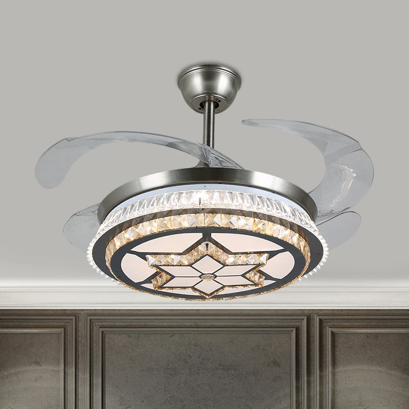 19" brede LED semi-inbouw hedendaagse ronde heldere kristallen blokken 4 bladen hangende ventilatorlamp roestvrij staal me...