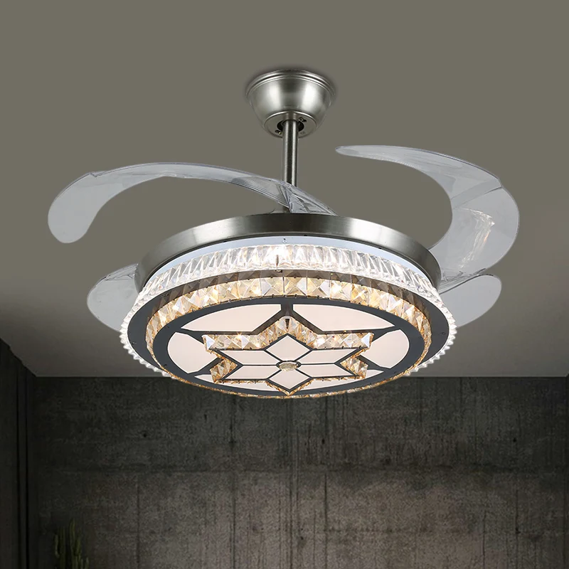19" brede LED semi-inbouw hedendaagse ronde heldere kristallen blokken 4 bladen hangende ventilatorlamp roestvrij staal me...