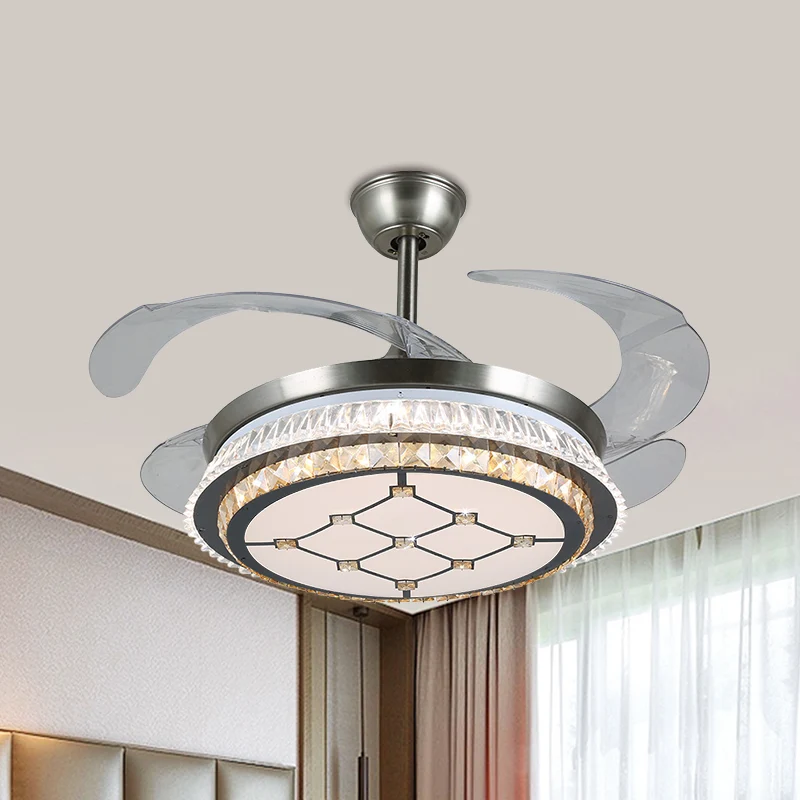 19" brede LED semi-inbouw hedendaagse ronde heldere kristallen blokken 4 bladen hangende ventilatorlamp roestvrij staal me...