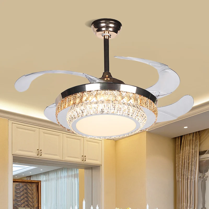 42" brede LED semi-inbouw hedendaagse ronde rechthoekig geslepen kristallen 4 bladen hangende ventilatorlamp zilver Clearhalo