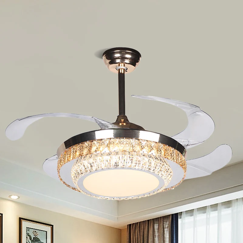 42" brede LED semi-inbouw hedendaagse ronde rechthoekig geslepen kristallen 4 bladen hangende ventilatorlamp zilver Clearhalo
