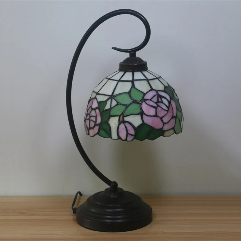 Brons Curvy Nachtlampje Barok 1 Kop Metaal Rood/Roze Roos/Tulp Patroon Bureauverlichting met Kom Geslepen Glazen Kap Clear...