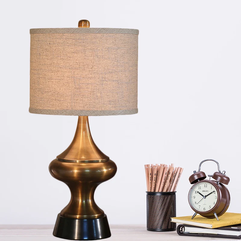 Brons/nikkel trommelvormige bureaulamp vintage stijl stof 1 licht logeerkamer nachttafellamp Clearhalo