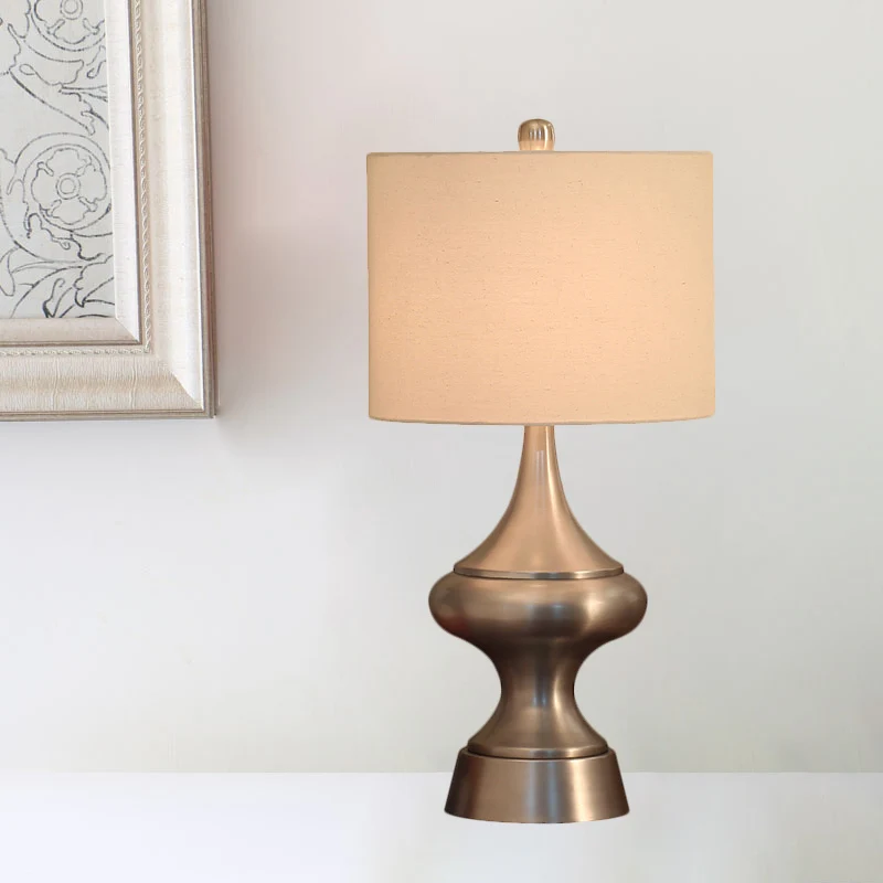 Brons/nikkel trommelvormige bureaulamp vintage stijl stof 1 licht logeerkamer nachttafellamp Clearhalo