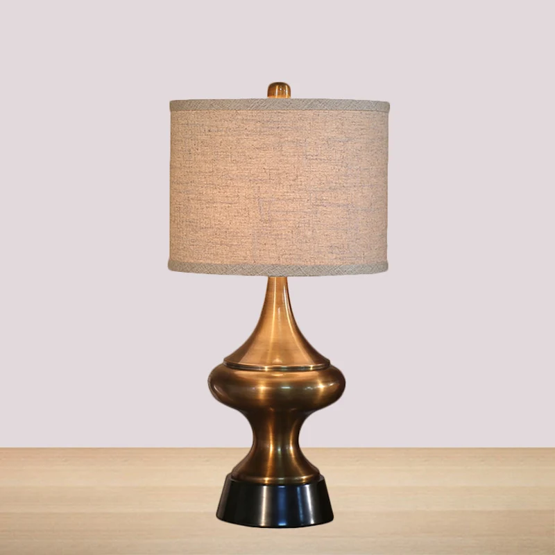 Brons/nikkel trommelvormige bureaulamp vintage stijl stof 1 licht logeerkamer nachttafellamp Clearhalo