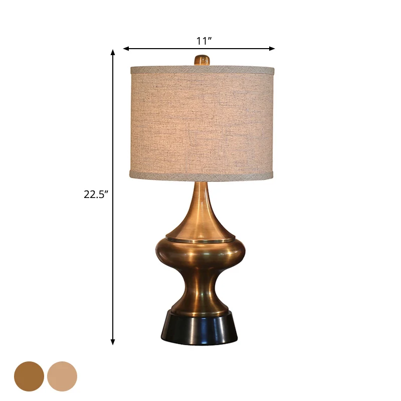 Brons/nikkel trommelvormige bureaulamp vintage stijl stof 1 licht logeerkamer nachttafellamp Clearhalo