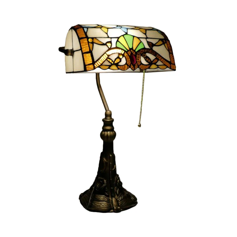 Bronzen 1-lamps bureaulamp met trekketting, mediterraan handgeslepen glazen nachtkastje met oprolbare kap en insteeksnoer...