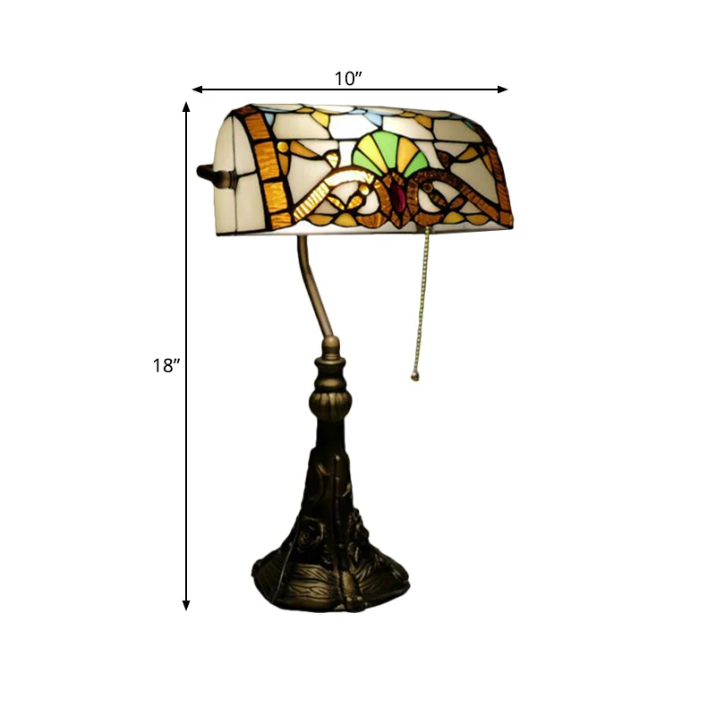 Bronzen 1-lamps bureaulamp met trekketting, mediterraan handgeslepen glazen nachtkastje met oprolbare kap en insteeksnoer...