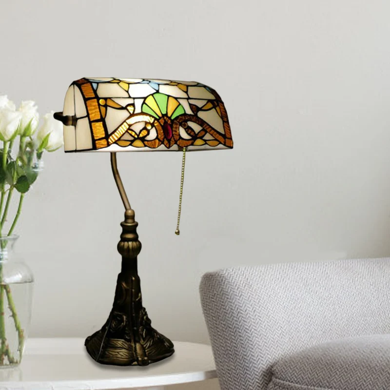 Bronzen 1-lamps bureaulamp met trekketting, mediterraan handgeslepen glazen nachtkastje met oprolbare kap en insteeksnoer...