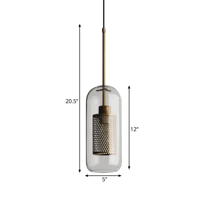Bronzen hanglamp met 1 kop Koloniale metalen gaas cilindrische hanger met helderglazen kap, 20,5"/24,5" hoog Clearhalo