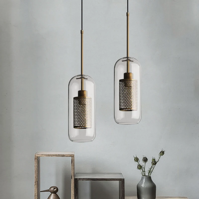 Bronzen hanglamp met 1 kop Koloniale metalen gaas cilindrische hanger met helderglazen kap, 20,5"/24,5" hoog Clearhalo