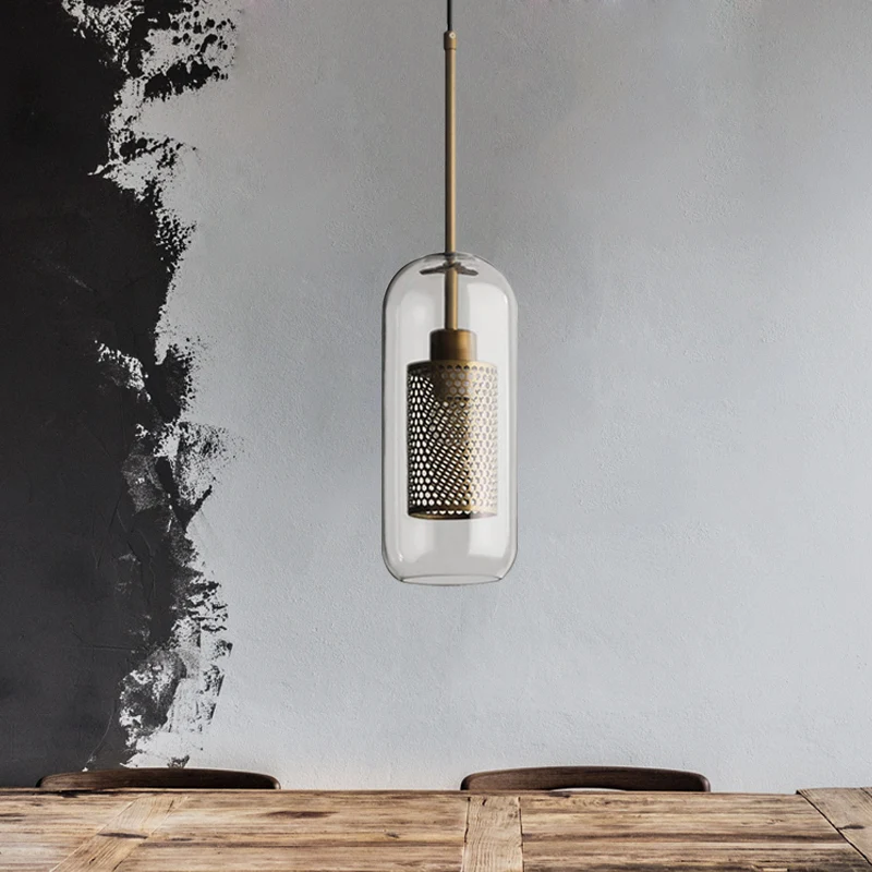 Bronzen hanglamp met 1 kop Koloniale metalen gaas cilindrische hanger met helderglazen kap, 20,5"/24,5" hoog Clearhalo