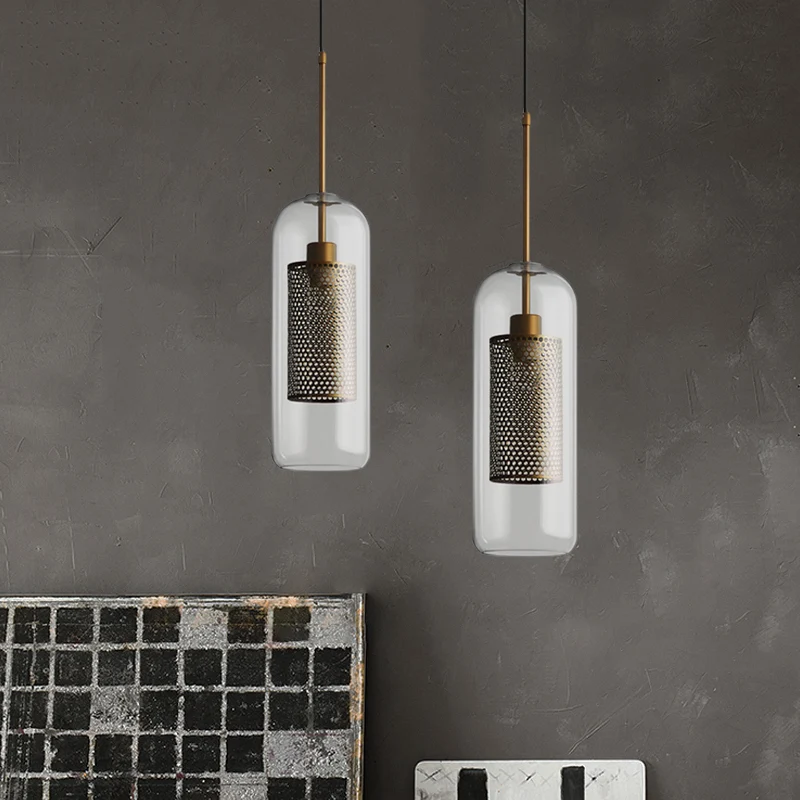 Bronzen hanglamp met 1 kop Koloniale metalen gaas cilindrische hanger met helderglazen kap, 20,5"/24,5" hoog Clearhalo