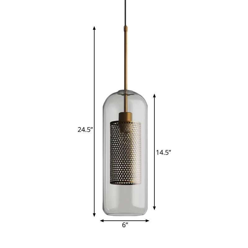 Bronzen hanglamp met 1 kop Koloniale metalen gaas cilindrische hanger met helderglazen kap, 20,5"/24,5" hoog Clearhalo