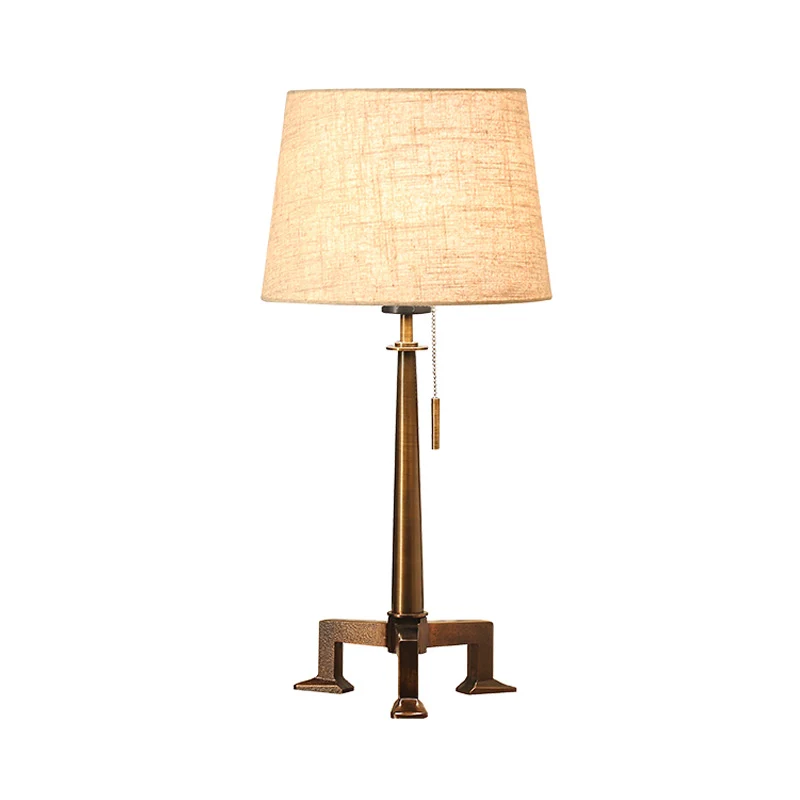 Bronzen tafellamp met 1 lamp, landelijke stijl, stof, taps toelopende kap, bureaulamp met trekketting Clearhalo